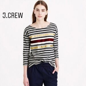 J. Crew Boat Neck Gold Foil Strip‎ Top 100% Cotton Grey Women Medium B6973